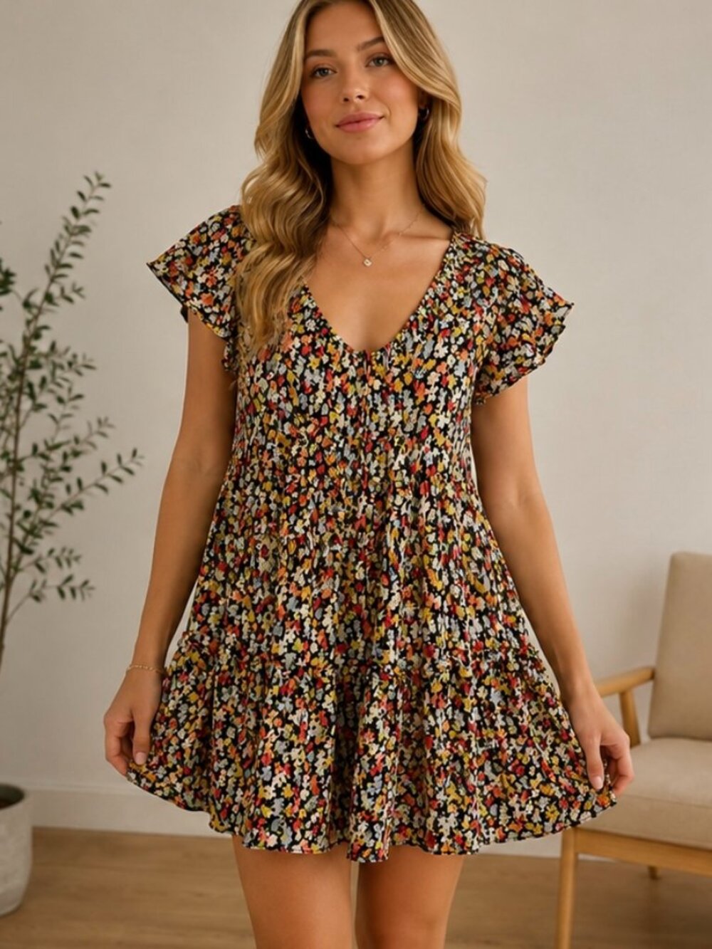 $79 Size Large Urban Outfitters Floral Tiered Babydoll Dress